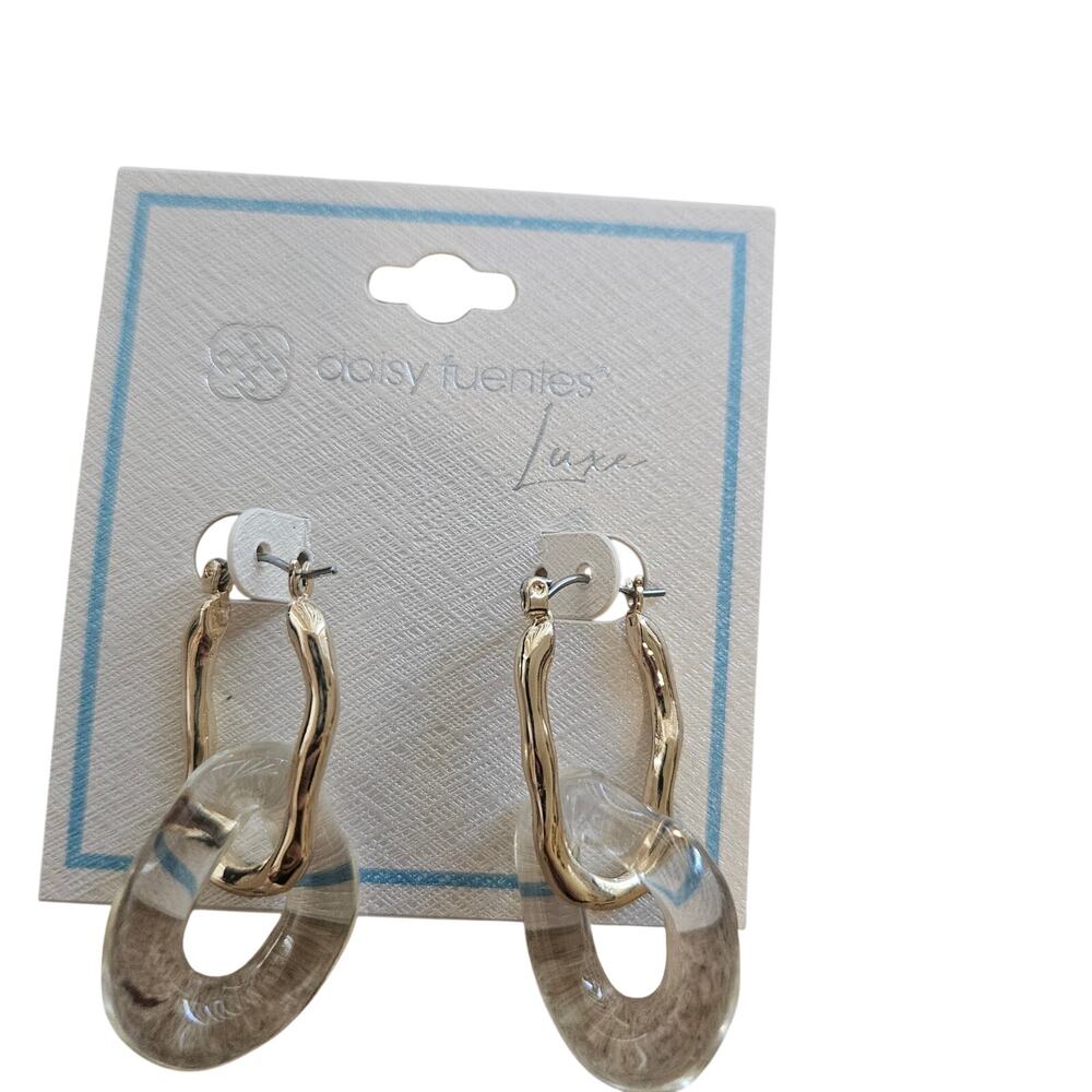 Daisy Fuentes Luxe Earrings Gold Tone Hoop Clear Acrylic Oval Drop Statement